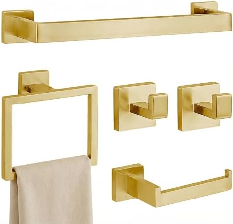 5-Piece Brushed Gold Bathroom Accessory Set, 16 Inch Bathroom Hardware Set, Towel Racks for Bathroom, SUS304 Stainless Steel Wall Mounted Bath Towel Bar Set