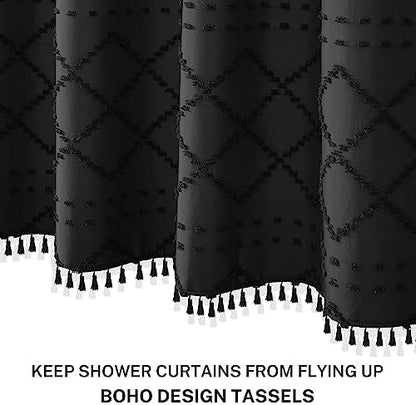 Extra Long Boho Black Shower Curtain with Tassels 72 x 84, Tufted Chevron Striped Chenille Woven Fabric Cloth Shower Curtain Modern Farmhouse Minimalist, Shabby Chic Textured for Bathroom