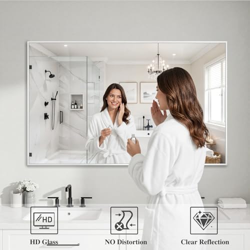 Koonmi White Rectangle Wall Mirror, 30x48 Inch Bathroom Mirror, Aluminum Frame Vanity Mirror for Entryway, Living Room, Bedroom Bathroom, Hangs Horizontally or Vertically