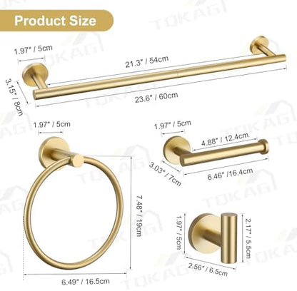 TQKAG Brushed Gold Bathroom Hardware Accessories Set 10-Pieces, Premium SUS304 Stainless Steel Bathroom Towel Bar Holder Set 23.6 Inch Round Towel Racks for Bathroom Wall Mounted