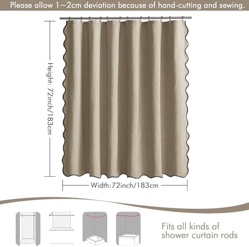 MIULEE Khaki Scalloped Linen Shower Curtain 72x72 Inches