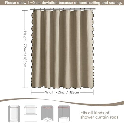 MIULEE Khaki Scalloped Linen Shower Curtain 72x72 Inches