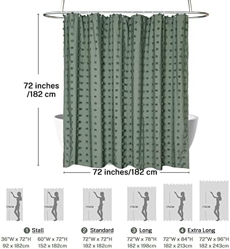 Siiluminisoy Green Boho Shower Curtain Woven Fabric Cute Shower Curtain, 72 x 72 Tufted Pleat Floral Puffs Textured Modern Farmhouse Minimalist Shower Curtain Set with Hooks for Bathroom