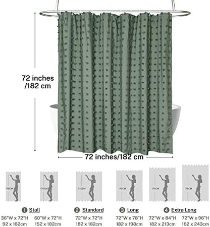 Siiluminisoy Green Boho Shower Curtain Woven Fabric Cute Shower Curtain, 72 x 72 Tufted Pleat Floral Puffs Textured Modern Farmhouse Minimalist Shower Curtain Set with Hooks for Bathroom
