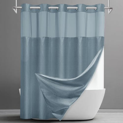 No Hook Waffle Shower Curtain with Snap in Liner Set, 71x74, Stone Blue