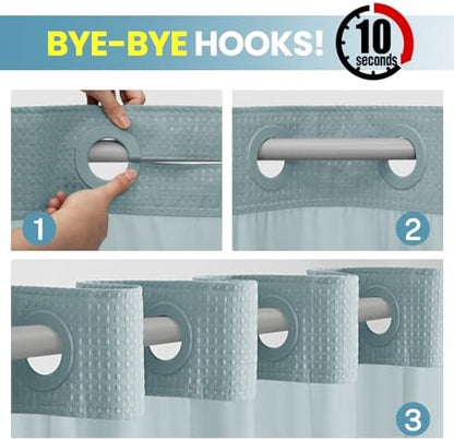 No Hook Waffle Shower Curtain with Snap in Liner Set, 71x74, Fog Blue