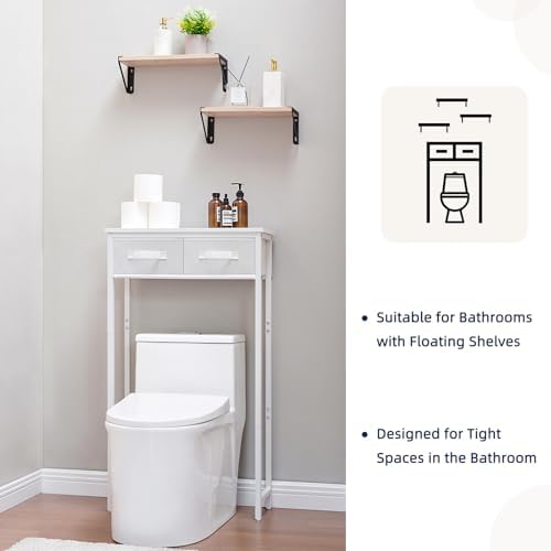MOHOPE 2-Tier Over The Toilet Storage with 2 Fabric Drawers, Freestanding Above The Toilet Storage Cabinet, Space Saver Metal Over Toilet Bathroom Organizer Shelf for Small Space, White