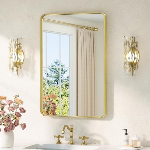 TETOTE Gold Vanity Mirror 20 x 30 Brushed Gold Metal Framed Vanity Mirror, Tempered Glass, Modern Farmhouse Wall Mounted Mirrors for Decorative(Horizontal/Vertical)