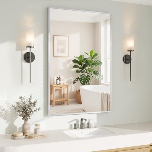 Koonmi Silver Rectangle Wall Mirror, 24x36 Inch Bathroom Mirror, Aluminum Frame Vanity Mirror for Entryway, Living Room, Bedroom Bathroom, Hangs Horizontally or Vertically