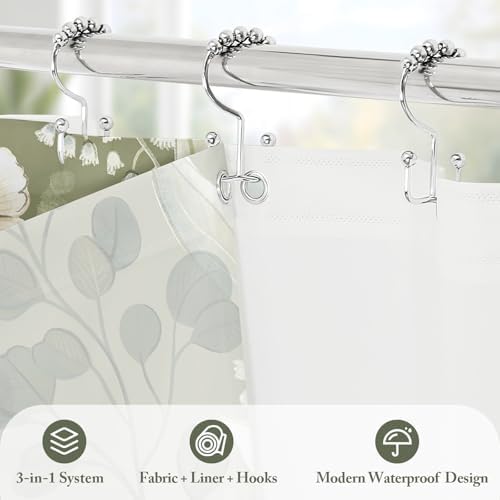 3 in 1 Green Floral Shower Curtain Set with PEVA Liner & 12 Hooks, 72 x 78