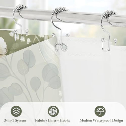 3 in 1 Green Floral Shower Curtain Set with PEVA Liner & 12 Hooks, 72 x 78