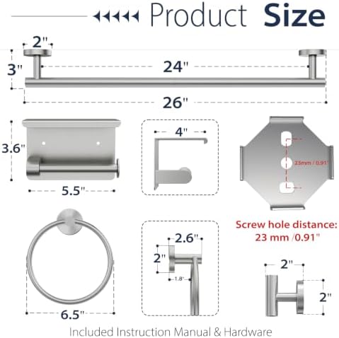 5-Piece Brushed Nickel Bathroom Towel Bar Set,24" Bathroom Hardware Kit