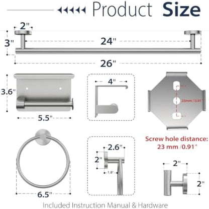 5-Piece Brushed Nickel Bathroom Towel Bar Set,24" Bathroom Hardware Kit