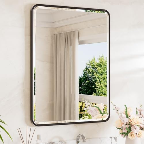 TETOTE Black Framed Vanity Mirror 24 x 32 Beveled Edge Tempered Glass, Rounded Corner Rectangle Bathroom Mirror for Over Sink for Modern Bathroom, Living Room, Bedroom, Entryway