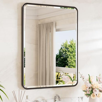 TETOTE Black Framed Vanity Mirror 24 x 32 Beveled Edge Tempered Glass, Rounded Corner Rectangle Bathroom Mirror for Over Sink for Modern Bathroom, Living Room, Bedroom, Entryway