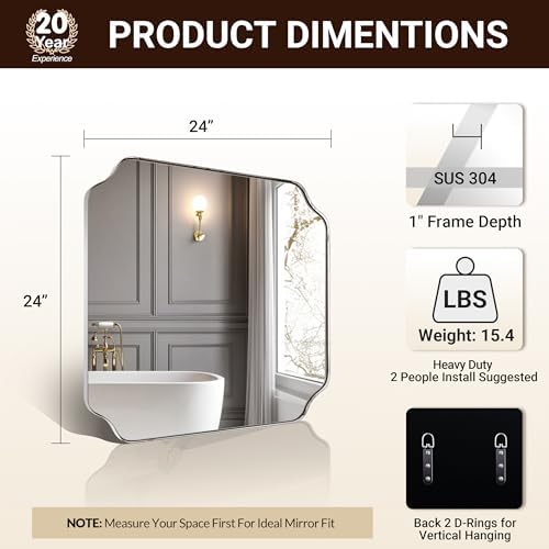 ANDY STAR 24"x24" Chrome Mirror, Polished Nickel Square Mirror for Wall, Scalloped Bathroom Mirror in Anti-Rust Stainless Steel Frame, Unique Notched Corner Designed Ideal for Home Remodel