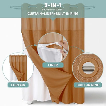 No Hook Waffle Shower Curtain with Snap-in Liner, 71x74 Inch, Burnt Orange