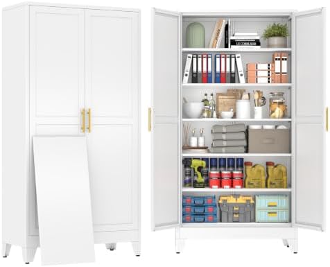 79" White Metal Storage Cabinet with 2 Doors and 5 Adjustable Shelves,Steel Garage Tool Cabinet, File Cabinet,Kitchen Pantry Cabinet for Home,Office,Garage,School,Warehouse