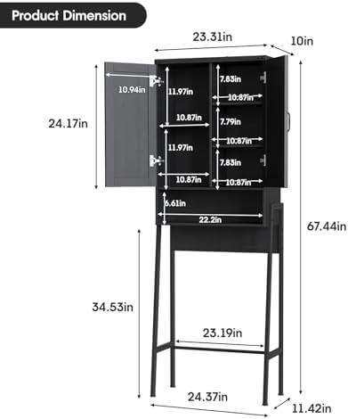 Vabches Over The Toilet Storage Cabinet with 2-Door Design Bathroom Organizers and Storage with Anti-Tip Device Over Toilet Organizer with Shelves for Bathroom,Restroom,Laundry Black