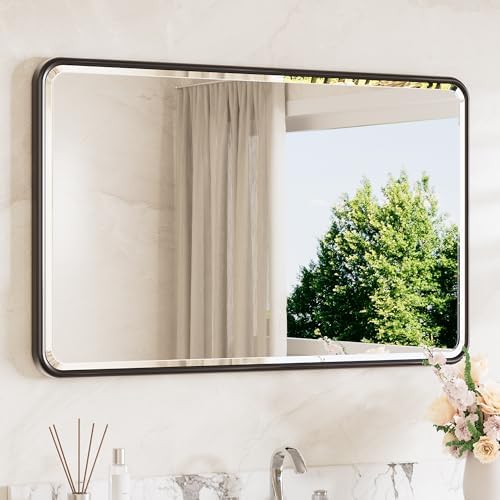TETOTE Black Vanity Mirror for Bathroom 40 x 24 Beveled Edge Tempered Glass, Rounded Corner Rectangle Wall Mirror for Modern Bathroom, Living Room, Bedroom, Entryway