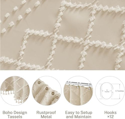 Siiluminisoy Extra Long Boho Farmhouse Shower Curtain Woven Fabric Beige 90 Inch Shower Curtain, 72 x 90 Tufted Chevron Textured Striped Modern Minimalist Cloth Shower Curtain for Bathroom