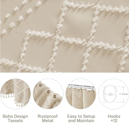 Siiluminisoy Extra Long Cream/Beige Boho Shower Curtain - Woven Fabric Farmhouse 96 Inch, 72 x 96 Tufted Chevron Textured Striped Modern Minimalist Cloth Curtain for Bathroom