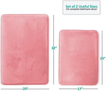 Clara Clark 2 Piece Bathroom Rugs Bath Mat Set, Velvet Memory Foam Bath Mats for Bathroom - Non-Slip, PVC Backing Bath Rugs, Washable - Dries Quickly, Pink