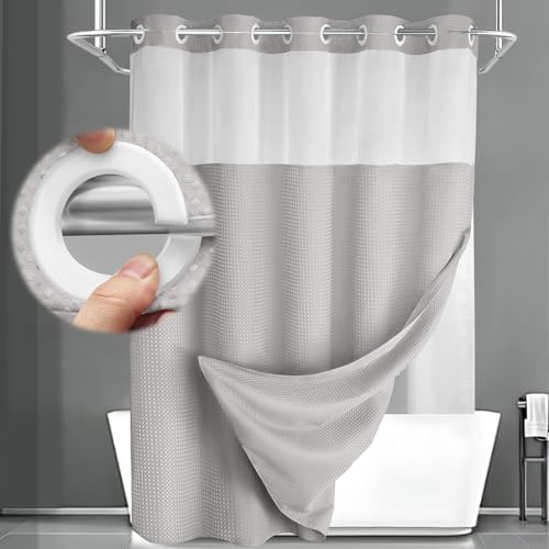 No Hook Shower Curtain with Liner Set Hotel Waffle Light Grey 72W X 87L