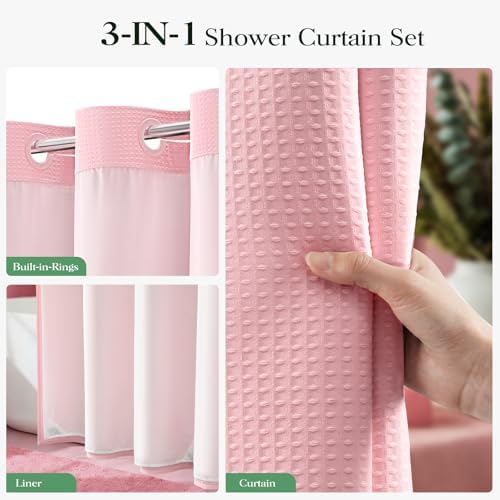Dynamene Pink Hook Free Waffle Shower Curtain & Snap-in Fabric Liner,72x75