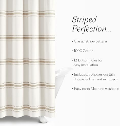 Lush Decor Farmhouse Stripe Cotton Shower Curtain, 72" W x 72" L, Neutral - Striped Bathroom Curtain - Fabric Shower Curtains - Farmhouse Bathroom Decor