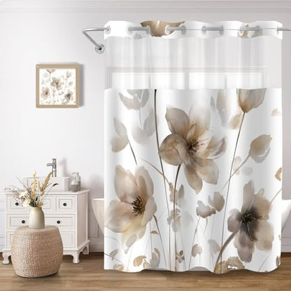 No Hook Shower Curtain and Liner Set, Brown Boho Floral 71x77