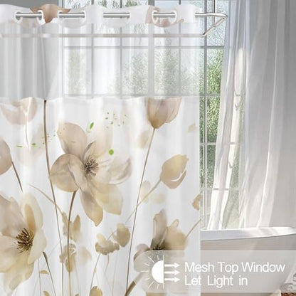 No Hook Shower Curtain and Liner Set, Yellow Boho Floral 71x74