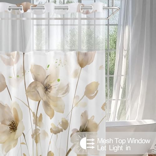 No Hook Shower Curtain and Liner Set, Yellow Boho Floral 71x84