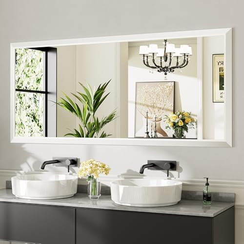 Briivue Bathroom Wall Mirror, White Metal Frame, 72x32 Inch