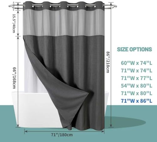 eachope No Hook Long Waffle Shower Curtain, Snap-in Liner,71x86 in,Charcoal