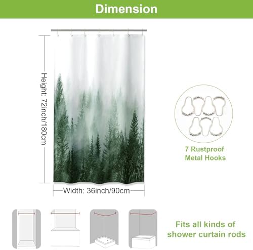 ORTIGIA Misty Forest Stall Shower Curtain for Small Bathroom, Green Half Size Narrow Nature Woodland Shower Curtain Set with Hooks, Waterproof Fabric Pine Tree Fog Magic Home Bath Curtain 36x72 inch