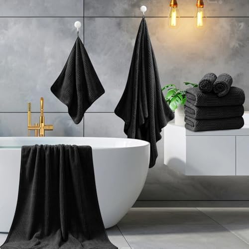 8 Piece Bath Towel Set-2 Oversized Bath Sheets(35"x70"),2 Hand Towels,4 Washcloths-Extra Large Microfiber Towel Sets,Less Lint Highly Absorbent & Quick Dry Bath Towels for Bathroom Gym Pool,Black