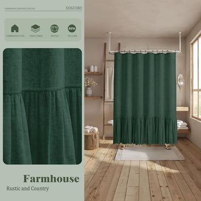 Farmhouse Shower Curtain Ruffle Linen Flax Dark Green 72" W x 72" L