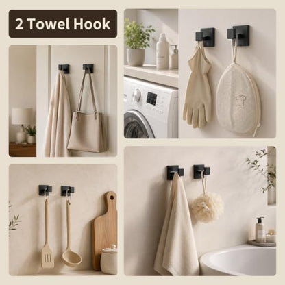 9 Piece Matte Black Bathroom Hardware Set, 24 Inch Double Towel Bar with Removable Hooks, SUS304 Stainless Steel Wall Mounted Heavy Duty Rustproof Accessories for Bathroom Kitchen