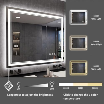 LED Mirror, 44x36 Inch Gradient Front and Backlit Lighted Mirror, 3 Colors Dimmable CRI>90 Double Lights, IP54 Enhanced Anti-Fog, Hanging Plates Bathroom Mirror with Lights