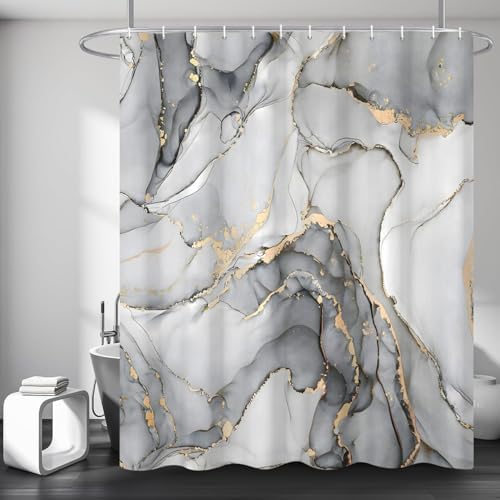 Grey Marble Shower Curtain, Modern Abstract Luxury Grey Gold Ink Texture Watercolor Art Bathroom Curtains Ombre Machine Washable Waterproof Fabric Bathtub Curtain Set with Hooks 48" Wx72 L