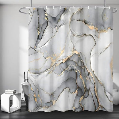 Grey Marble Shower Curtain, Modern Abstract Luxury Grey Gold Ink Texture Watercolor Art Bathroom Curtains Ombre Machine Washable Waterproof Fabric Bathtub Curtain Set with Hooks 48" Wx72 L