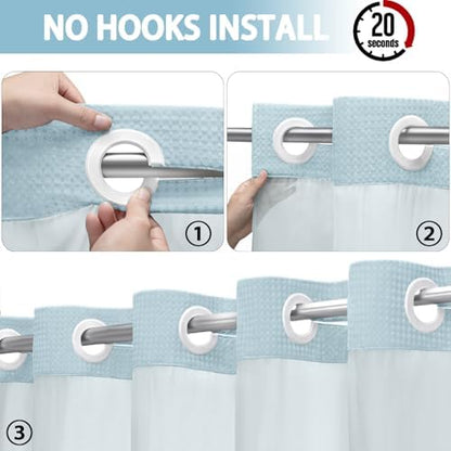 No Hook Shower Curtain with Liner Set Hotel Waffle Curtain Aqua 72W X 75L