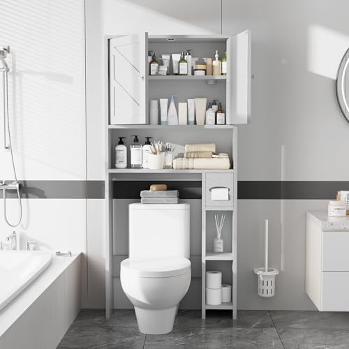 Bathroom Storage Cabinet Over Toilet with Toilet Paper Holder Stand, Freestanding Bathroom Storage Organizer Cabinet Space Saver W/Adjustable Shelf, White