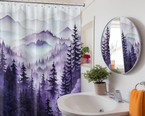 Dark Purple Forest Shower Curtain, 72x72 in, Mountain Rustic Pine Tree