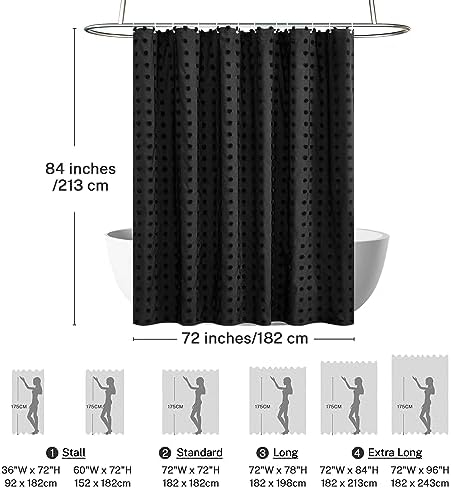 Siiluminisoy Extra Long Black Boho Shower Curtain Woven Fabric Cute 84 Inch Shower Curtain, 72 x 84 Tufted Pleat Floral Textured Modern Farmhouse Minimalist Shower Curtain Set with Hooks for Bathroom