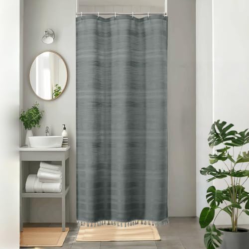 OVZME Small Stall Shower Curtain - Linen Textured Bathroom Curtain with Boho Tassel, Heavy Duty Farmhouse Bath Decor for RV Camper, Machine Washable, 36Wx72L Inches, Light Grey