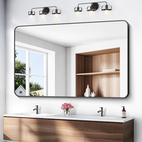 BONEWEI Black Bathroom Mirror,60x40 inch Wall Mirror for Bathroom Wall Mounted,Rectangle Mirror for Bathroom Over Sink,Modern Frame Round Corner for Living Room,Bedroom Entryway,Horizontal/Vertical