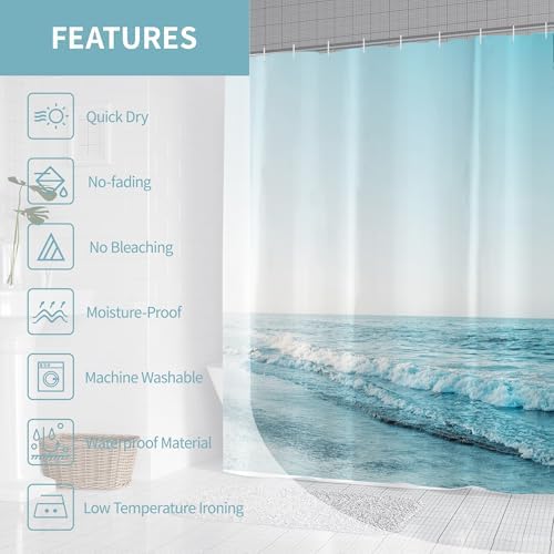Ocean Beach Coastal Seaside Shower Curtain for Bathroom 72W*72H Inch Nautical Summer Seacoast Beachy Waves Bathtub Decor Seascape Neutral Waterproof Polyester Fabric Set with 12 Hooks