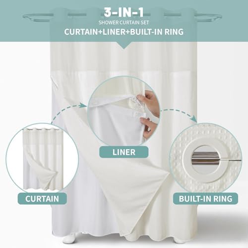 eachope No Hook Waffle Shower Curtain with Snap-in Liner, 71x77 Inch, Cream